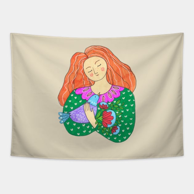 Girl Bird Flowers Tapestry by DoodlesAndStuff