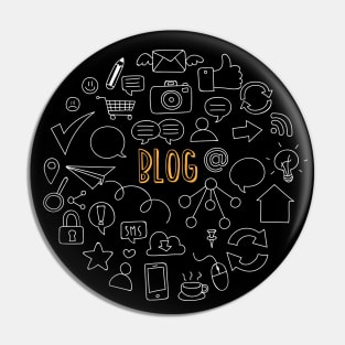 Internet icons around blog sign, SEO optimization Pin