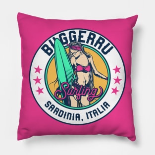 Retro Surfer Babe Badge Buggerru Sardinia Italy Pillow