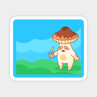 Tired Thirsty Mushroom With a Glass Of Water With Background Magnet