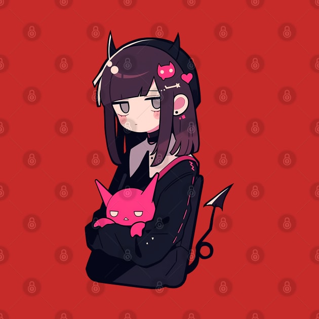 Anime-Style Cute Black and Pink Demon Girl by Chromatic Currents