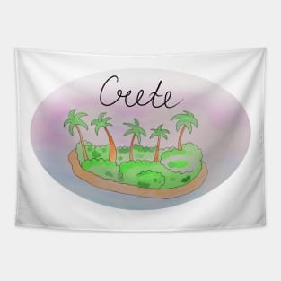 Crete watercolor Island travel, beach, sea and palm trees. Holidays and vacation, summer and relaxation Tapestry