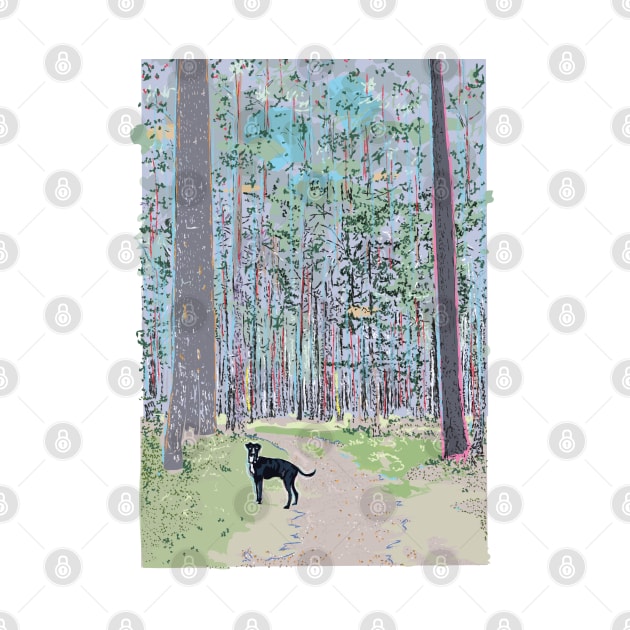 Forest with dog by Slownessi