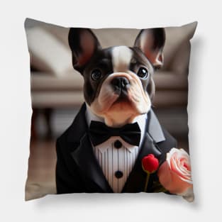 French bulldog wearing tuxedo and bow tie with pink rose Pillow
