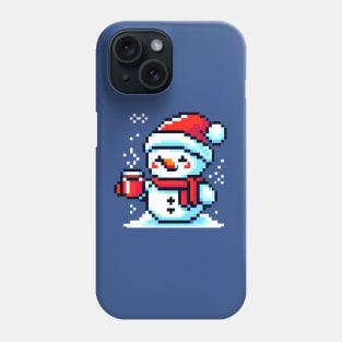 Pixel Art Snowman Enjoying Coffee - Winter Holiday Design Phone Case