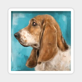 Painting of a Basset Hound Dog From The Side on Blue Background Magnet