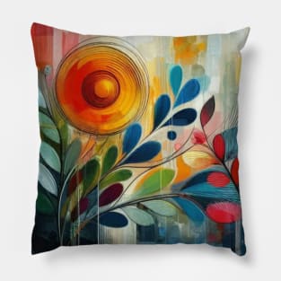 Abstract Orange Blue Red Flower and Leaves Pillow