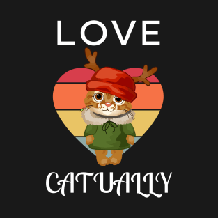 Love Catually Cool Cute Funny Cat Wearing Christmas Deer Hat T-Shirt