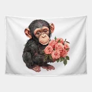 Valentine Chimpanzee Giving Flowers Tapestry