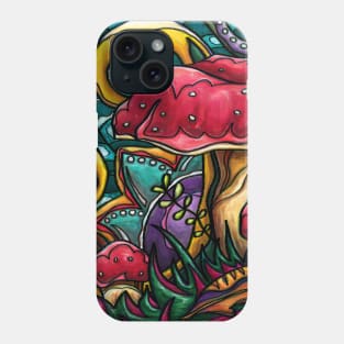 Whimsical mushrooms painting, bright cottagecore amanita muscaria art Phone Case