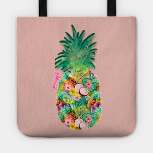 tropical pineapple exotic botanical illustration with floral tropical fruits, yellow fruit pattern over a Tote