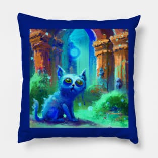 Cute Blue Cat Got Lost in the Ancient Ruins Pillow