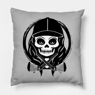 Female Golfer Skull and Golf Clubs Black Logo Pillow