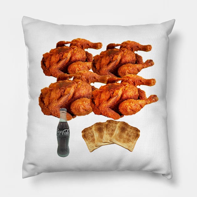 Four Fried Chickens and a Coke, and some Dry White Bread, Toasted. Pillow by Manatee Max