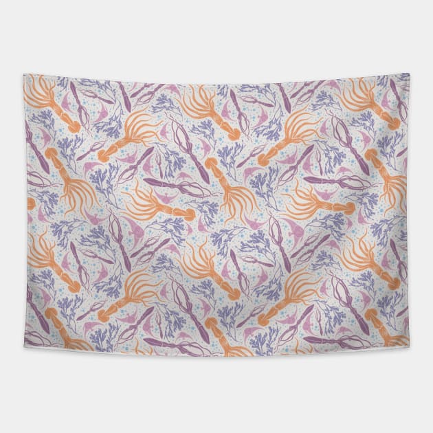 Orange squid with pink fish amoung blue bubble Tapestry by PinataFoundry