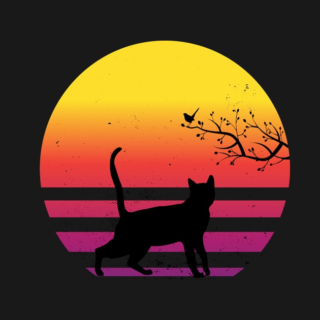 Cute Cat Watching Bird On Tree Vintage Retro Sunset by SinBle