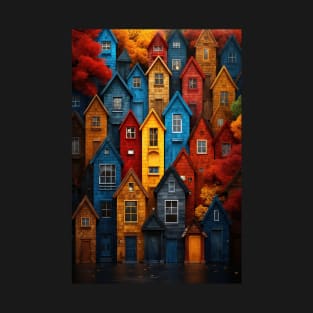 Autumn Village Scene: Colorful Houses & Trees T-Shirt