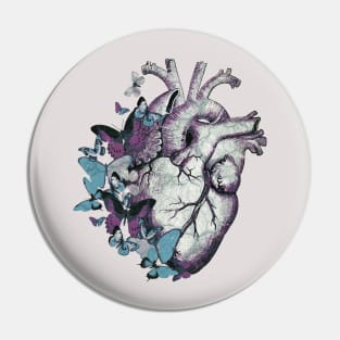 Heart in love, vintage effect watercolor blue butterflies, Heart, anatomical Human heart Pin