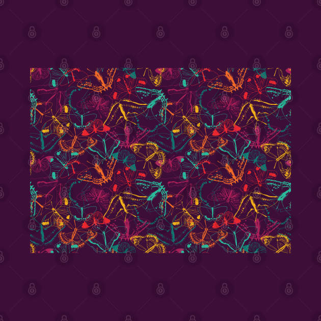 Pattern of colorful neon butterflies over dark violet by agus.cami