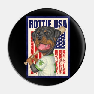 Rottie red white blue pastime Rottweiler Holding Baseball Bat USA Pin