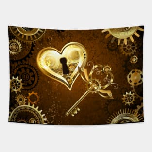 Key to My Heart Golden Key and Heart Lock Steampunk Tapestry