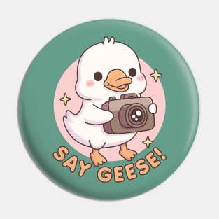 Cute Baby Goose With Camera Say Geese Funny Pun Pin