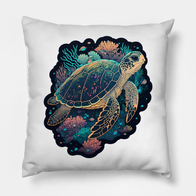 Turtle Coral Surfin' Pillow by newdreamsss