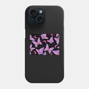 Iridescent Whimsigoth Purple Butterflies on Black with Neon Moons Phone Case