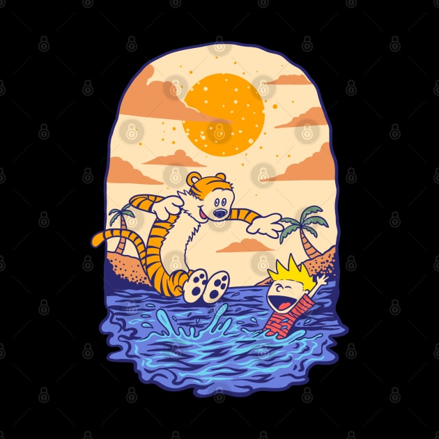 Calvin and Hobbes Swimming by soggyfroggie