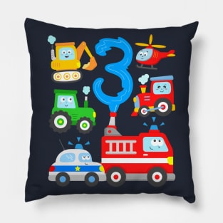 Kids 3 Years Vehicles Fire Truck Police Car Tractor Excavator 3rd BDay Pillow