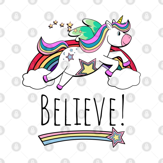 Flying Unicorn Hearts And Rainbow Inspirational Believe by brodyquixote