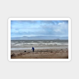 Walking the dog in blustery weather at Ardrossan, North Ayrshire, Scotland Magnet