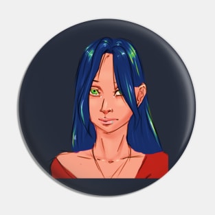 Blue Hair Glowing Green Eyes Eerie Looking Girl With Piercing Halloween Design Pin