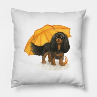 Cavalier King Charles Spaniel - Yellow Umbrella Black and Tan Pillow