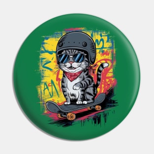 A unique and fun design featuring a stylish cat wearing a helmet and skateboarding Pin