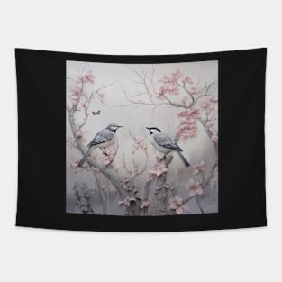 Copy of Grey and pink chinoiserie painting with birds and flowers Tapestry