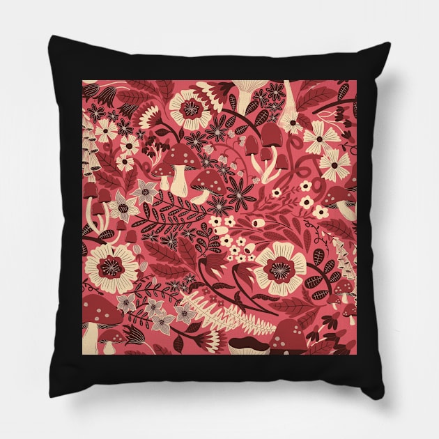 Pink woodland mushrooms toadstools floral Pillow by Kimmygowland