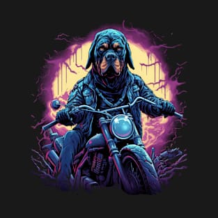 A horror-inspired t-shirt design featuring a Rottweiler Dog on a motorcycle T-Shirt