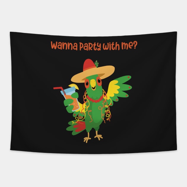 The Happy party parrot with a Mexican hat and a drink ready for some fun Tapestry by marina63