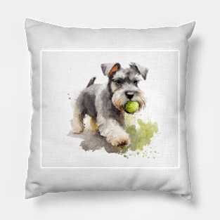 Miniature Schnauzer Playing Ball Watercolour Painting Pillow