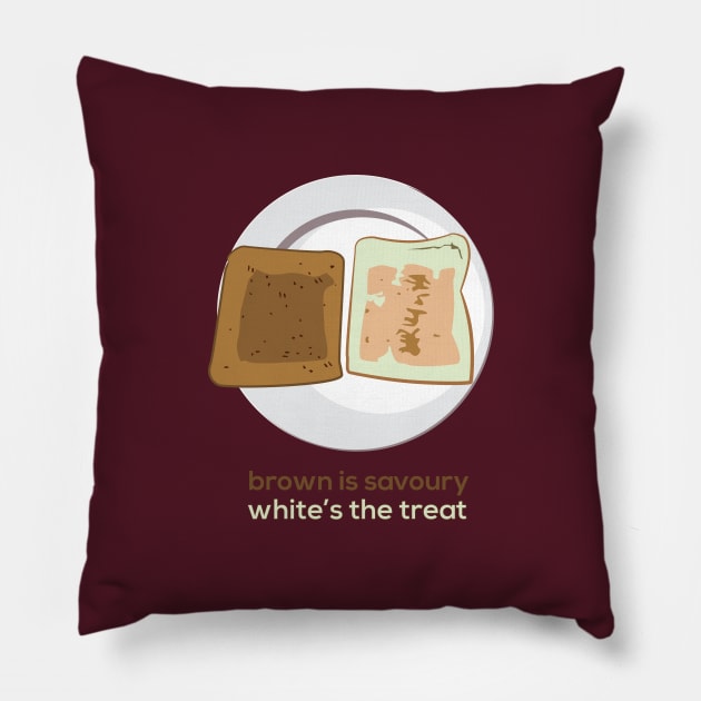 Brown is savoury, white's the treat Pillow by BobbyShaftoe