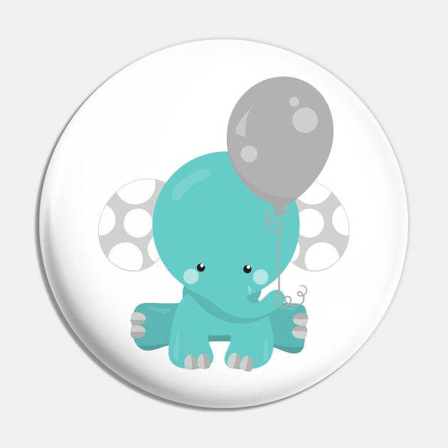 Elephant With Balloon, Blue Elephant, Cute Animal Pin by Jelena Dunčević