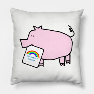 Pink Pig with Essential Worker Rainbow Sign Pillow