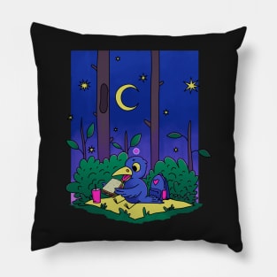 Little raven eats a sandwich at night in the forest Pillow