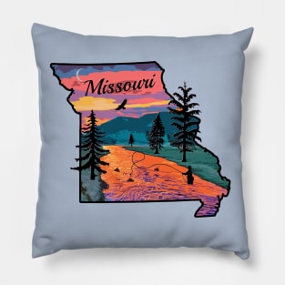 Fly Fishing Missouri State Map Mountain Sunset River Retro Pillow