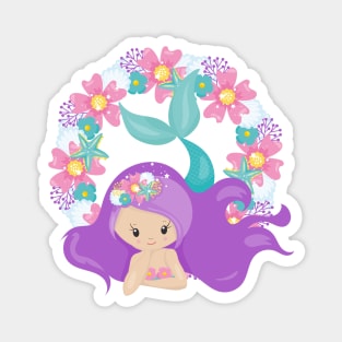 Cute Mermaid, Little Mermaid, Purple Hair, Flowers Magnet