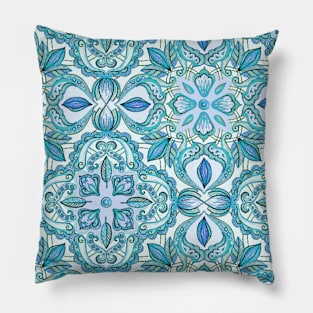 Colored Crayon Floral Pattern in Teal & White Pillow