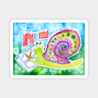 Snail tailor/seamstress sewing new cloths children illustration Magnet