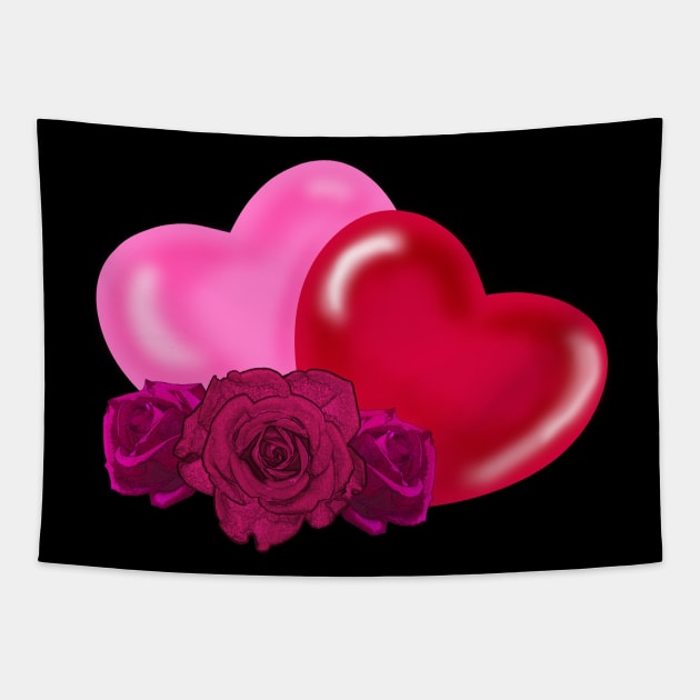 Pink Heart and Red Heart with pink roses Tapestry by galaxieartshop