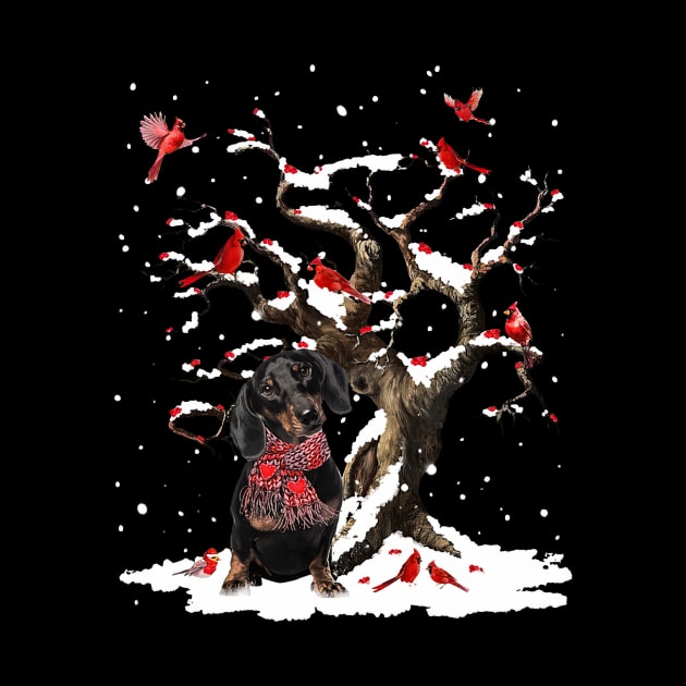 Black Dachshund Scarf Cardinal Snow Christmas by cogemma.art